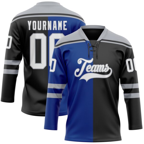 Custom Black White Royal-Gray Split Fashion Hockey Lace Neck Jersey