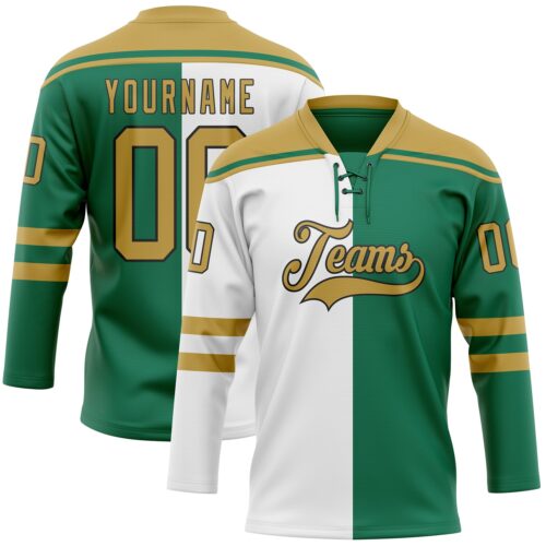 Custom Kelly Green Old Gold Black-White Split Fashion Hockey Lace Neck Jersey