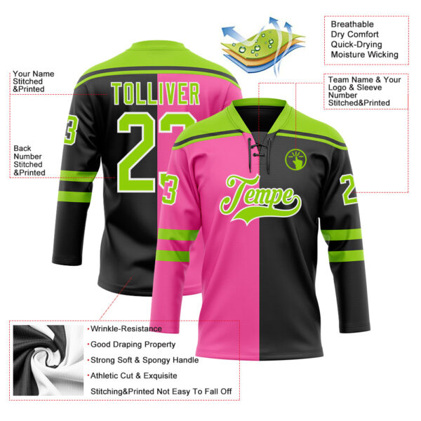 Custom Black Neon Green Pink-White Split Fashion Hockey Lace Neck Jersey