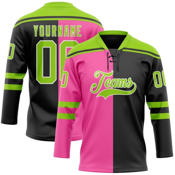 Custom Black Neon Green Pink-White Split Fashion Hockey Lace Neck Jersey