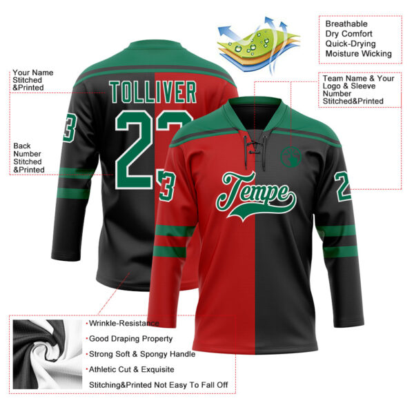 Custom Black Kelly Green Red-White Split Fashion Hockey Lace Neck Jersey