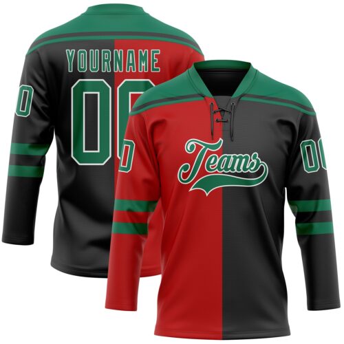 SplitF1155 Custom Black Kelly Green Red-White Split Fashion Hockey Lace Neck Jersey