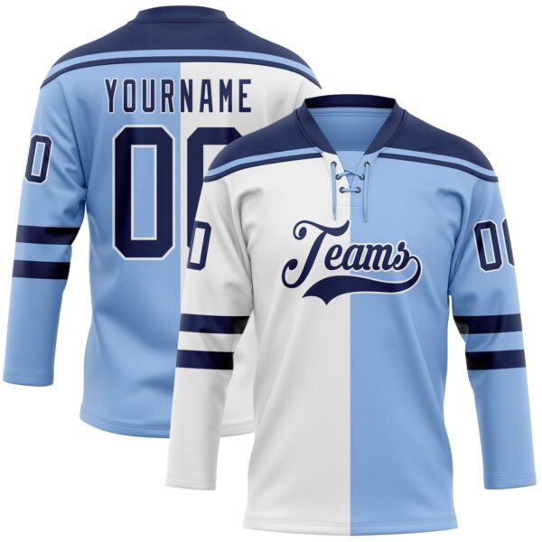 Custom Light Blue Navy-White Split Fashion Hockey Lace Neck Jersey