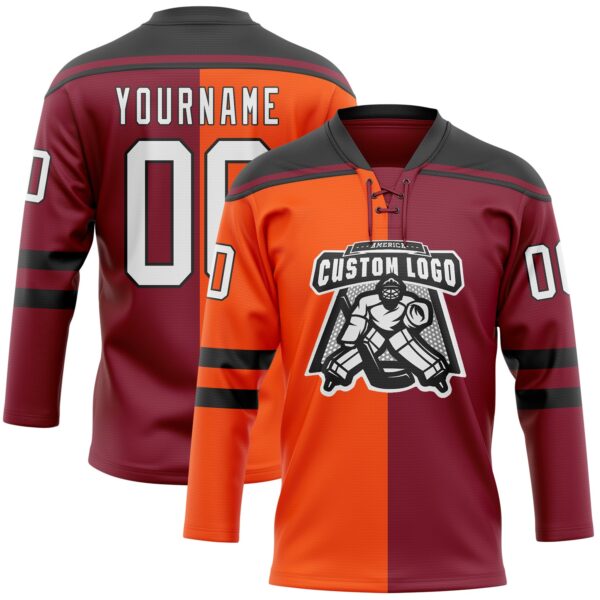 Custom Crimson White Orange-Black Split Fashion Hockey Lace Neck Jersey