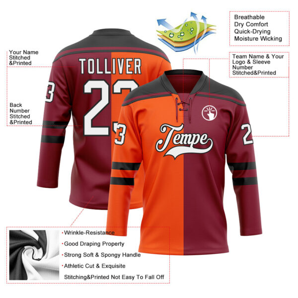 Custom Crimson White Orange-Black Split Fashion Hockey Lace Neck Jersey