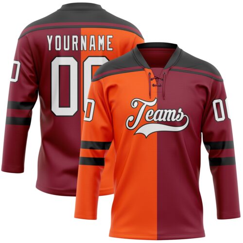 Custom Crimson White Orange-Black Split Fashion Hockey Lace Neck Jersey