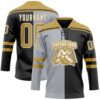 Custom Black Old Gold Gray-White Split Fashion Hockey Lace Neck Jersey