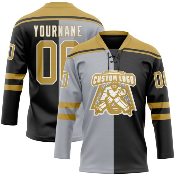 Custom Black Old Gold Gray-White Split Fashion Hockey Lace Neck Jersey