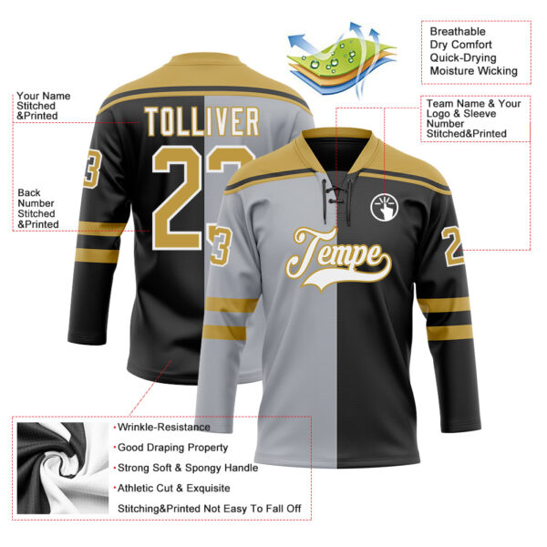 Custom Black Old Gold Gray-White Split Fashion Hockey Lace Neck Jersey