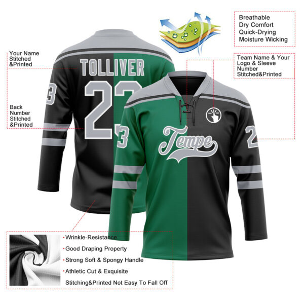 Custom Black Gray Kelly Green-White Split Fashion Hockey Lace Neck Jersey