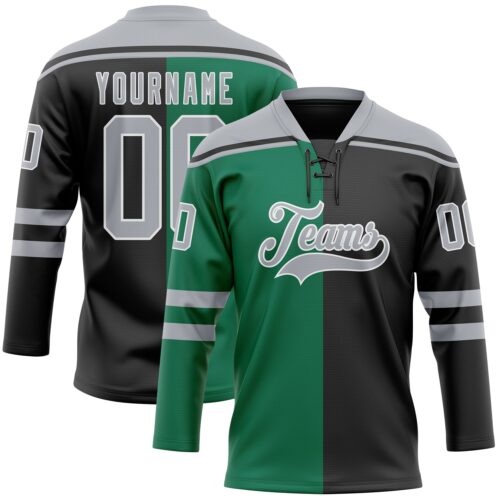 Custom Black Gray Kelly Green-White Split Fashion Hockey Lace Neck Jersey