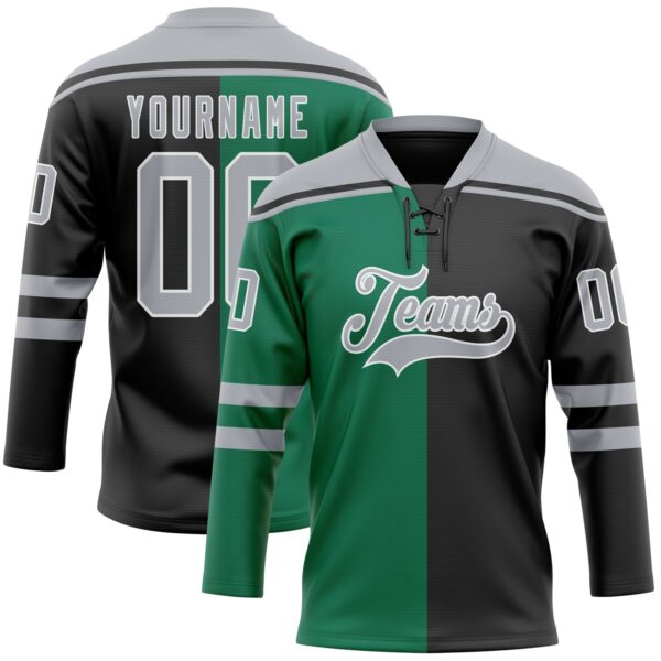 Custom Black Gray Kelly Green-White Split Fashion Hockey Lace Neck Jersey