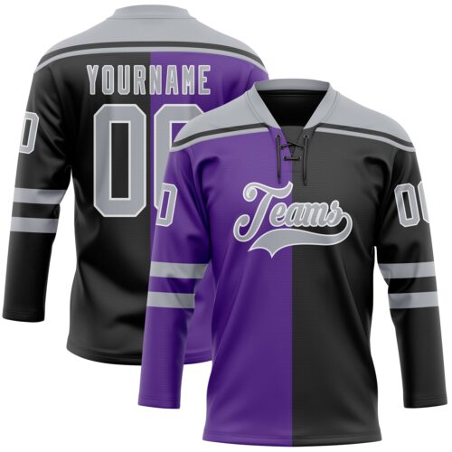 Custom Black Gray Purple-White Split Fashion Hockey Lace Neck Jersey