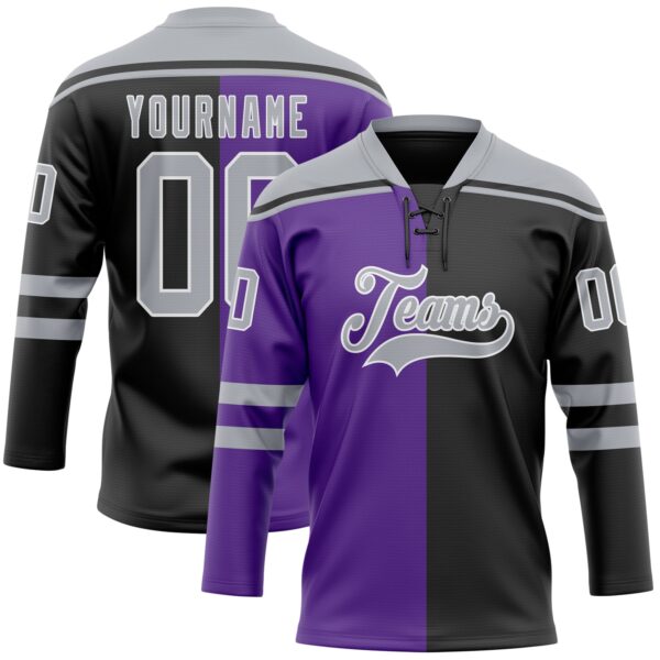 Custom Black Gray Purple-White Split Fashion Hockey Lace Neck Jersey