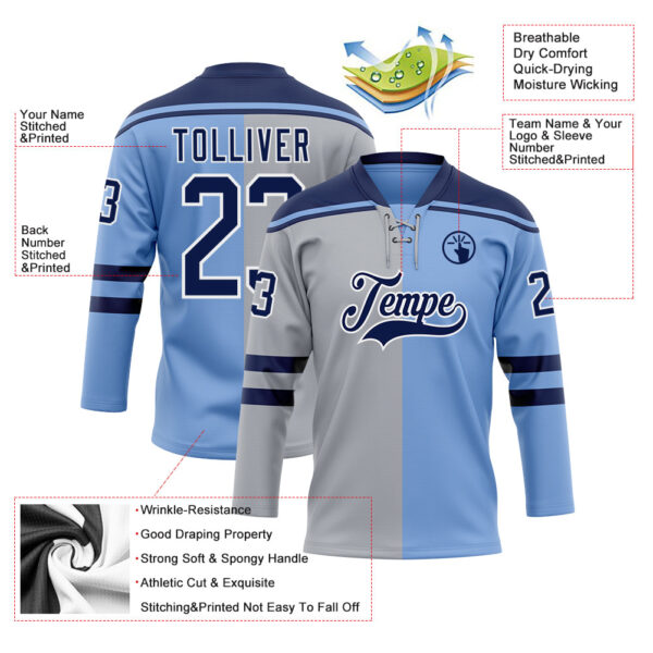 Custom Powder Blue Navy Gray-White Split Fashion Hockey Lace Neck Jersey