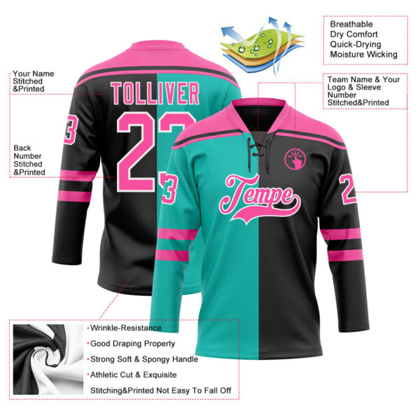 Custom Black Pink Aqua-White Split Fashion Hockey Lace Neck Jersey