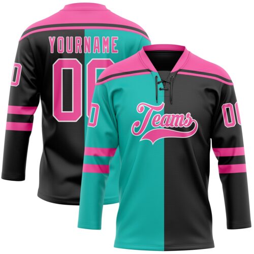 Custom Black Pink Aqua-White Split Fashion Hockey Lace Neck Jersey