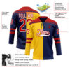 Custom Navy Red Yellow-White Split Fashion Hockey Lace Neck Jersey