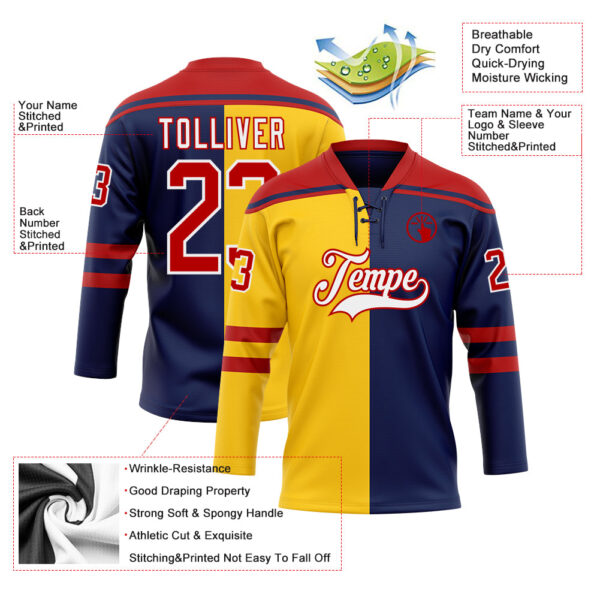 Custom Navy Red Yellow-White Split Fashion Hockey Lace Neck Jersey