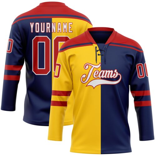 Custom Navy Red Yellow-White Split Fashion Hockey Lace Neck Jersey