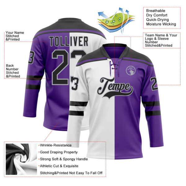 Custom Purple Black Gray-White Split Fashion Hockey Lace Neck Jersey