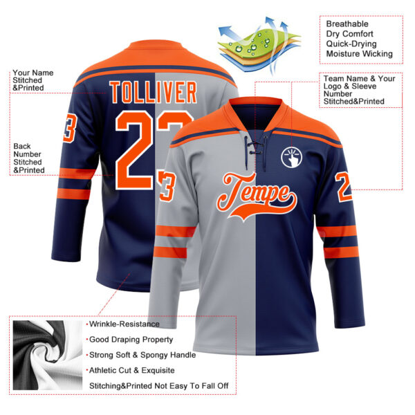 Custom Navy Orange Gray-White Split Fashion Hockey Lace Neck Jersey