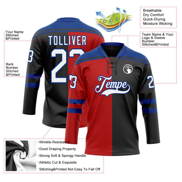 Custom Black White Red-Royal Split Fashion Hockey Lace Neck Jersey