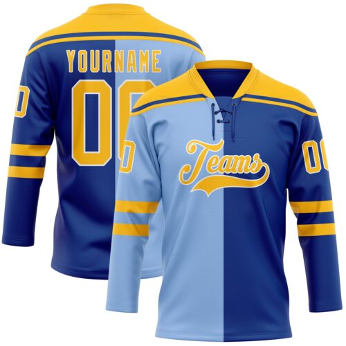 Custom Royal Gold Light Blue-White Red-Royal Split Fashion Hockey Lace Neck Jersey