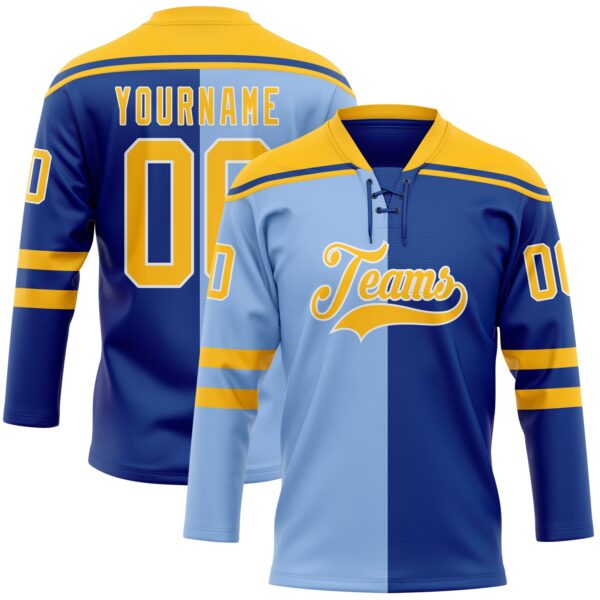 Custom Royal Gold Light Blue-White Red-Royal Split Fashion Hockey Lace Neck Jersey