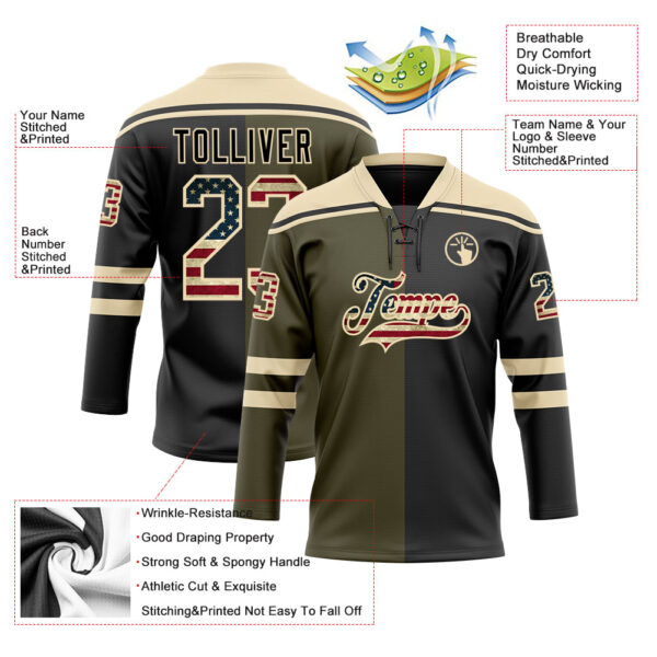Custom Black Vintage USA Flag Olive-Cream Split Fashion Hockey Lace Neck Jersey