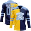 Custom Navy Light Blue Yellow-White Split Fashion Hockey Lace Neck Jersey