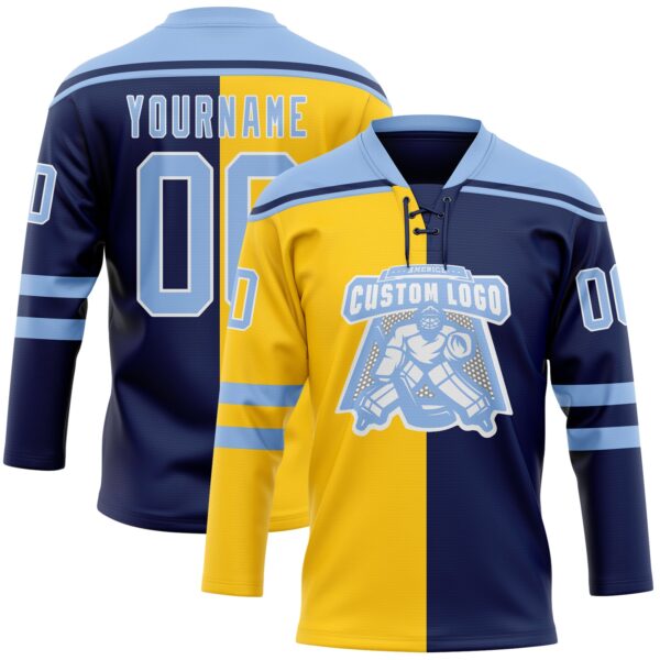 Custom Navy Light Blue Yellow-White Split Fashion Hockey Lace Neck Jersey