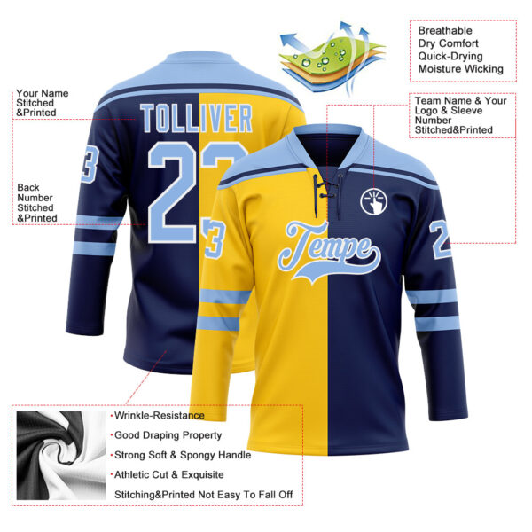 Custom Navy Light Blue Yellow-White Split Fashion Hockey Lace Neck Jersey
