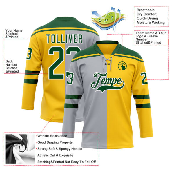 Custom Yellow Green Gray-White Split Fashion Hockey Lace Neck Jersey