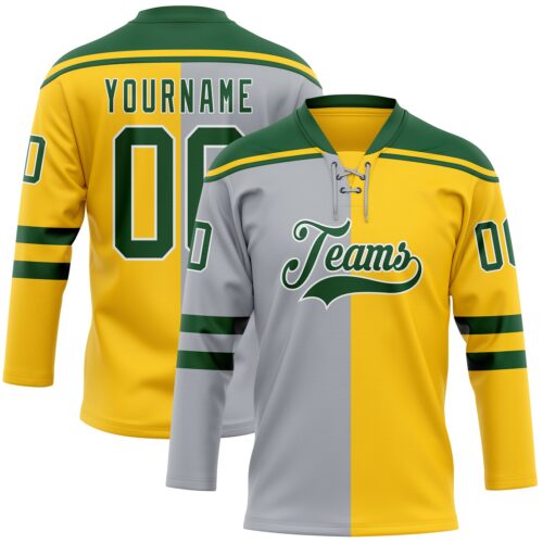 SplitF1170 Custom Yellow Green Gray-White Split Fashion Hockey Lace Neck Jersey