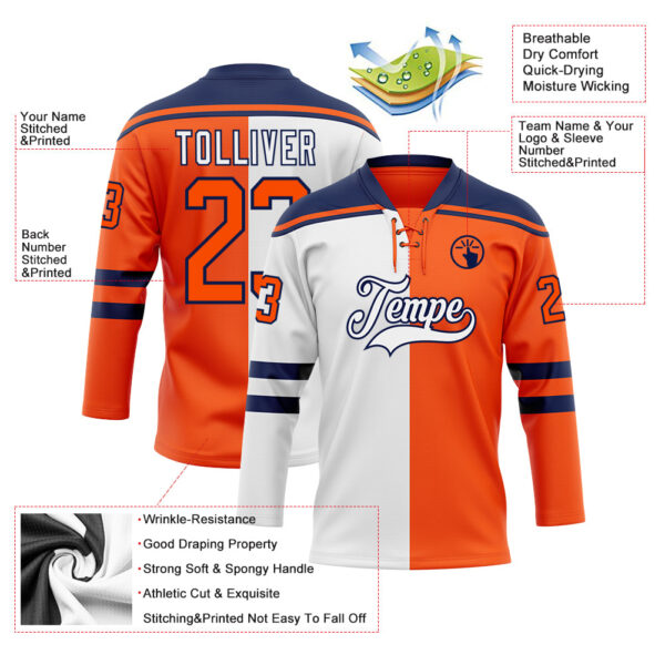 Custom Orange White-Navy Split Fashion Hockey Lace Neck Jersey