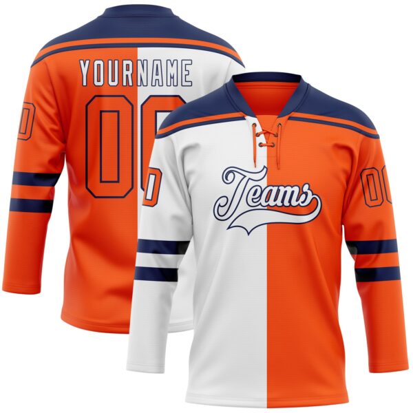 Custom Orange White-Navy Split Fashion Hockey Lace Neck Jersey