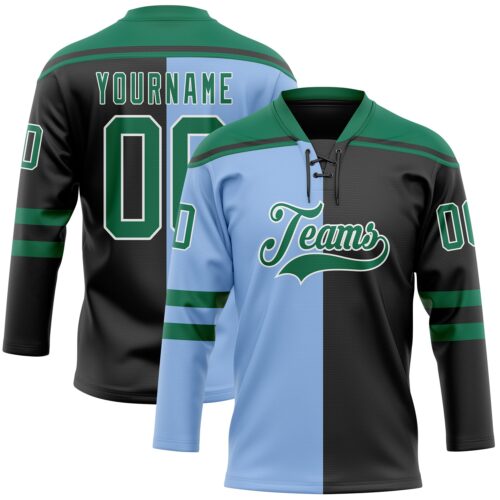 SplitF1172 Custom Black Kelly Green Light Blue-White Red-Royal Split Fashion Hockey Lace Neck Jersey
