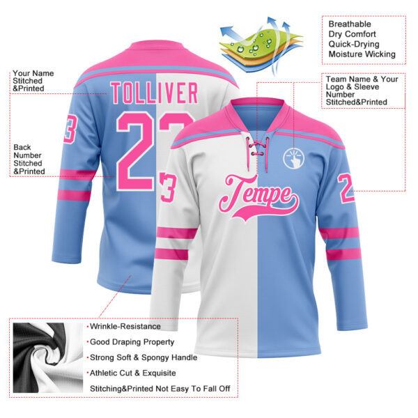 Custom Powder Blue Pink-White Split Fashion Hockey Lace Neck Jersey