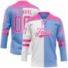 Custom Powder Blue Pink-White Split Fashion Hockey Lace Neck Jersey