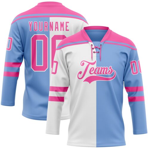 SplitF1173_7e7ded83-a28f-4f09-90f6-d1db76d4e52a Custom Powder Blue Pink-White Split Fashion Hockey Lace Neck Jersey