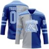 Custom Royal Light Blue Gray-White Split Fashion Hockey Lace Neck Jersey