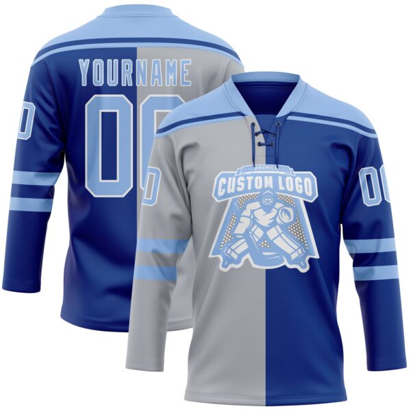 Custom Royal Light Blue Gray-White Split Fashion Hockey Lace Neck Jersey