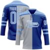 Custom Royal Light Blue Gray-White Split Fashion Hockey Lace Neck Jersey