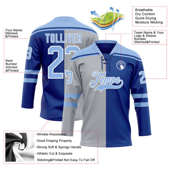 Custom Royal Light Blue Gray-White Split Fashion Hockey Lace Neck Jersey