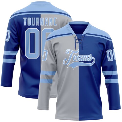 SplitF1174 Custom Royal Light Blue Gray-White Split Fashion Hockey Lace Neck Jersey
