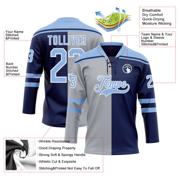 Custom Navy Light Blue Gray-White Split Fashion Hockey Lace Neck Jersey