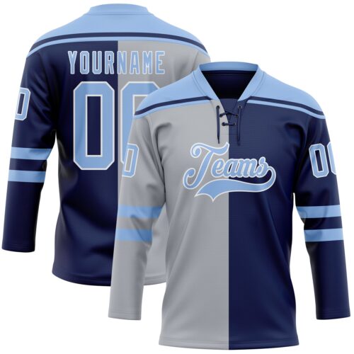 SplitF1175 Custom Navy Light Blue Gray-White Split Fashion Hockey Lace Neck Jersey