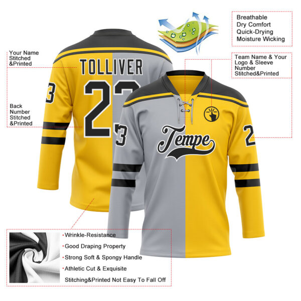 Custom Yellow Black Gray-White Split Fashion Hockey Lace Neck Jersey