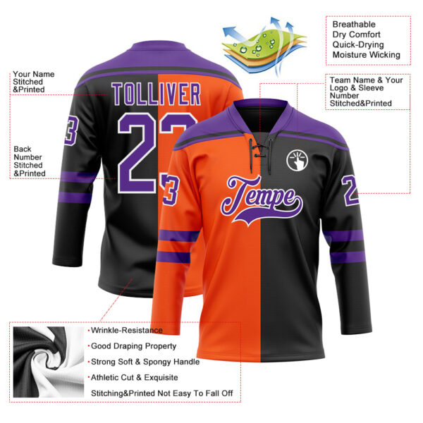 Custom Black Purple Orange-White Split Fashion Hockey Lace Neck Jersey